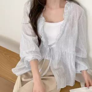 [빅사이즈]이블렛 리페하 도트 프릴 스트랩 가디건 제이스타일