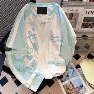 서브컬쳐 배색 프린트 맨투맨 로리타룩 고양이