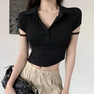 채핏 할리 팔초커 카라티셔츠 섹시탑 캐주얼 반팔 크롭 숏 슬림 클럽룩 여친룩