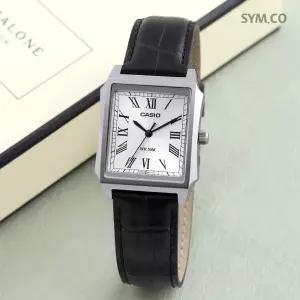 카시오 MTP-B190L-7B 클래식 복고풍 스퀘어 실버 다이얼 남자 가죽 시계 d9