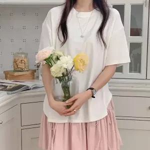 [하프클럽/]여자 굴림 루즈핏 무지 라운드 레이어드티 반팔 티셔츠