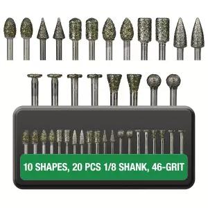 20개 46그릿 다이아몬드 버 비트 1/8 생크 - 돌 유리 세라믹 및 금속 연마 조각 성형을 위한 Dremel