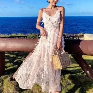 [기타브랜드]에퀴르 여성 브이넥 뒤트임 쉬폰 민소매 롱 원피스