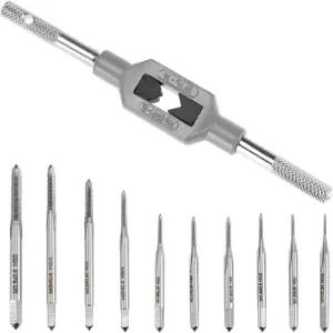 QWORK 마이크로 탭 비트 세트 - 10개의 M1-M3.5 HSS 미니 나사산 미터법 플러그 나사 및 조절 가능한 렌치