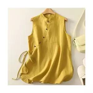 엘럽 여성용 민소매 블라우스 면과 린넨 레이어드 롱 슬리브리스 사선 사이드 스트랩 박템1