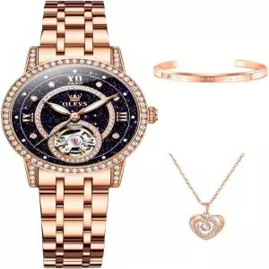 여성용 시계 자동 다이아몬드 투어빌론 럭셔리 패션 스테인리스 스틸 방수 야광 손목시계 선물 로즈