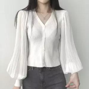 브이넥 퍼프 플리츠 블라우스 골지 가디건 DK-0175