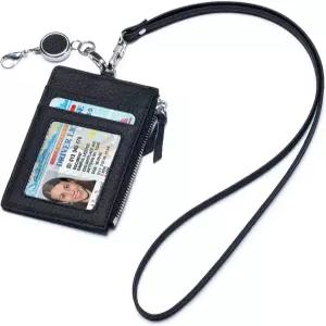 카미르 가죽 ID 케이스 여성 및 남성용 미니멀리스트 슬림 배지 홀더 카드 지갑 투명 창이 있는 패션 지퍼