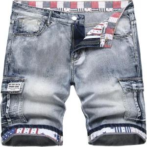 베일빈 남성 캐주얼 찢어진 프린트 데님 반바지 슬림 핏 여름 비치 청바지
