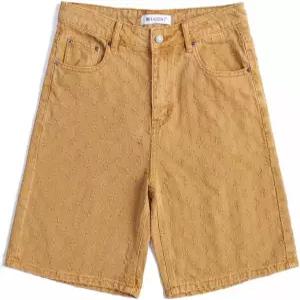 SHION7 남성용 데님 반바지 릴렉스 핏 무릎 길이 숏 팬츠 찢어진 배기 하프 스트리트웨어 오버사이즈