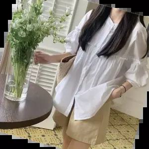 루즈핏블라우스 프릴블라우스 쉬폰 벌룬 린넨 칠부 여성 여름 캐주얼 화이트셔츠 흰색셔츠