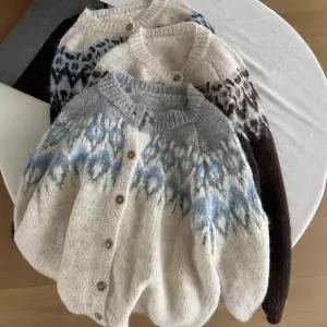 겨울 패턴 도톰 여성 예쁜 긴팔 니트 가디건 눈꽃 여자 노르딕 라운드 간절기 도톰한