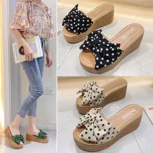 여성 땡땡이 7cm 슬리퍼 프린팅 직장인 웨지 샌들 통굽 리본 왕골 라탄 웨지힐 도트