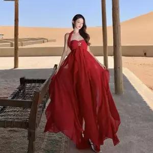 여성용 원피스 치마 롱 비치 홀터넥 언발 시폰 바캉스 나시 OP1