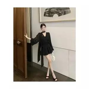 여성 추천각 쉬폰 원피스 봄 여름 가을 겨울 브이넥 긴팔 셔츠 캐주얼 슬림핏 쇼트 플리츠 스커트 OOTD2