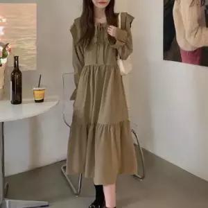 셔츠원피스 스퀘어넥 카라 캉캉 롱 원피스 a라인 스커트 체형커버