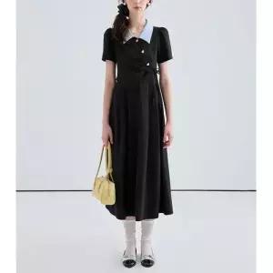 러블리 A라인 프렌치 칼라 반팔 중기장 원피스 치마 여성 검정 여름 다올2