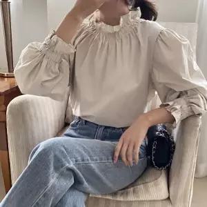 여자 프릴 반목 퍼프 코튼 블라우스