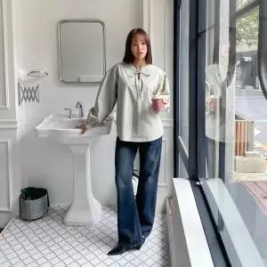 여자 라운드넥 트임 리본 퍼프 소매 셔츠 블라우스