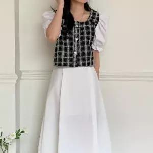 여자 스퀘어넥 트위드 진주버튼 코튼소매 반팔 블라우스