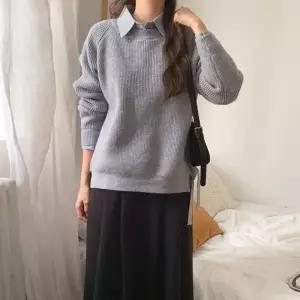 여자 박시 셔츠 옆 트임 스트랩 니트 세트