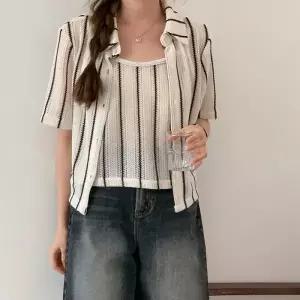 여자 카라넥 시스루 레이스 끈나시 니트 세트