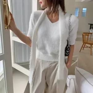 여자 브이넥 소프트 앙고라 머플러 니트세트