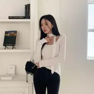 여자 U넥 버블 골지 언발 티셔츠 머플러 세트