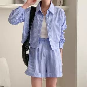 여자 카라넥 스트라이프 마린 반바지 셔츠 세트