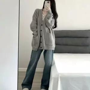 데일리 여성 니트 가디건 루즈핏 여성 롱 가디건 투포켓 아우터