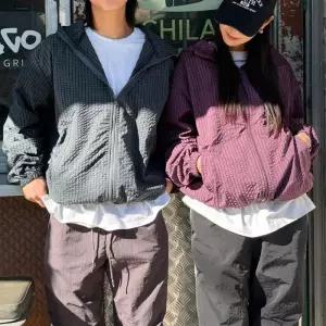 [옷자락]여자 체크 윈드집업 바람막이 하이넥 박시 후드 점퍼