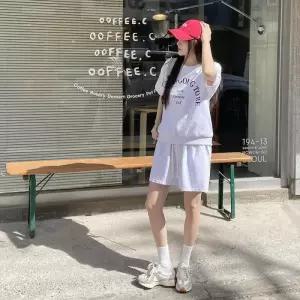 [옷자락]여자 산래고 레터링 반팔 맨투맨 세트