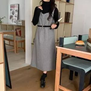 [다잇템]여자 폴라 니트 울 뷔스티에 벨트 원피스 세트