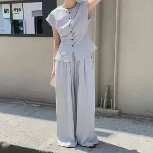 [다잇템]여자 린넨 민소매 블라우스 밴딩 와이드 팬츠 세트