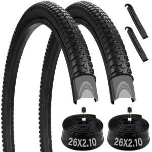 26인치 자전거 타이어, 슈레이더 밸브가 장착된 2팩 26x2.10 산악 타이어 및 튜브, 2개의 레버가 접이식 오프 로드 26 x 1.95 / 2.0 2.1 2.125 튜브