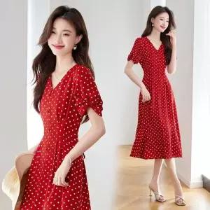 원피스 스커트 여성 롱 여름 반팔 도트 썸머 브이넥 A라인 중기장 벨트 스포M2