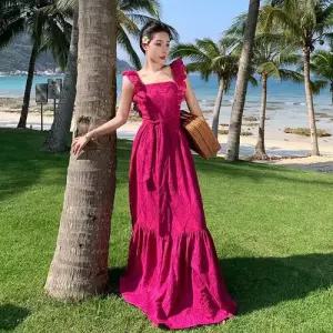 원피스 치마 롱 여자 여름 스트랩 썸머 오픈 프렌치 A라인 자수 네크라인 펀칭 스포M2