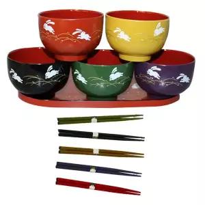 일제 EH86NO23 칠기 토끼무늬 5인 밥공기 젓가락 쟁반 세트