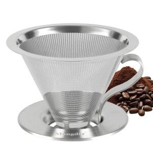 몽디오 커피 드립퍼, 스테인리스 스틸 재사용 가능한 메탈 필터, 더블 메시 디자인, 손잡이가 있는 영리한 가정용, 1-4컵