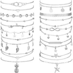 히카러 16피스 발목 팔찌 14K 여성용 발찌 세트 보호 비치 체인 조절 가능한 발 손 장신구 로맨틱 선물