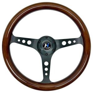 14인치 유니버설 클래식 우드 그레인 스티어링 휠 브러시드 3 스포크 1.5인치 깊이 레이싱 휠(혼 버튼 6개 볼트 포함)