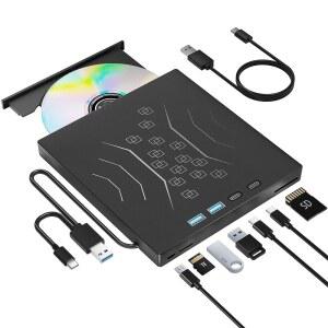 7 in 1 외장 DVD 드라이브, 노트북 USB 3.0 및 Type-C용 CD/DVD 휴대용 + /-RW 디스크 데스크탑 PC Windows 10/11 XP Mac Linux용 버너 CD ROM 드라이브