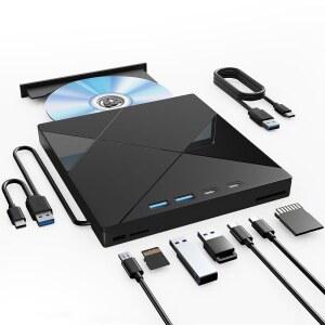 Wbacon 7 in 1 노트북용 외장 CD/DVD 드라이브, SD /TF 포트가 있는 휴대용 DVD 플레이어, USB 3.0 /Type C가 PC Windows Linux용 CD 드라이브