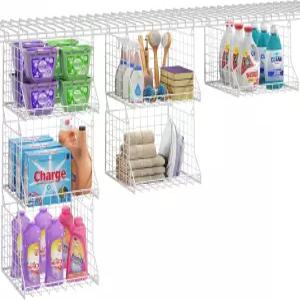 회전 고리가 있는 3단 접이식 세탁 바구니 정리함 - 세탁실 정리 및 보관을 위한 세탁기 건조기 선반 위의