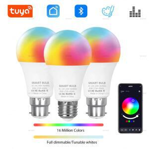 Tuya 블루투스 LED 전구 디밍 가능 15W 18W E27 B22 220V RGBCW 색상 변경 램프 스마트 라이프 APP 그룹 제