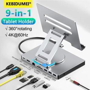 9-in-1 USB C 허브 태블릿 홀더 도킹 스테이션 4K60Hz HDMI USB3.0 5Gbps 1000Mbps 이더넷 데이터 전송 스