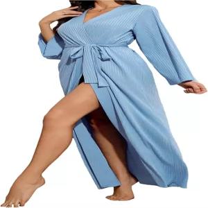 OYOANGLE 여성 롱 로브 기모노 우아한 경량 니트 V 넥 목욕 가운 소프트 슬립웨어 캐주얼
