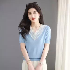 지니코코 여성 니트 여름 브이넥 반팔 쿨링 비즈 티 롱루즈핏 상의 예쁜 셔츠 레이스 얇은 ADOR2