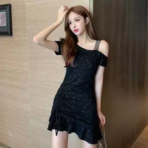 반짝이 셔링 오프숄더 드레스 파티룩 스팽글 원피스 복장 클럽