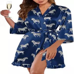 에쿠아르 여성 새틴 로브 실크 기모노 목욕 짧은 주름 밑단 신부 들러리 슬립웨어 주머니 포함